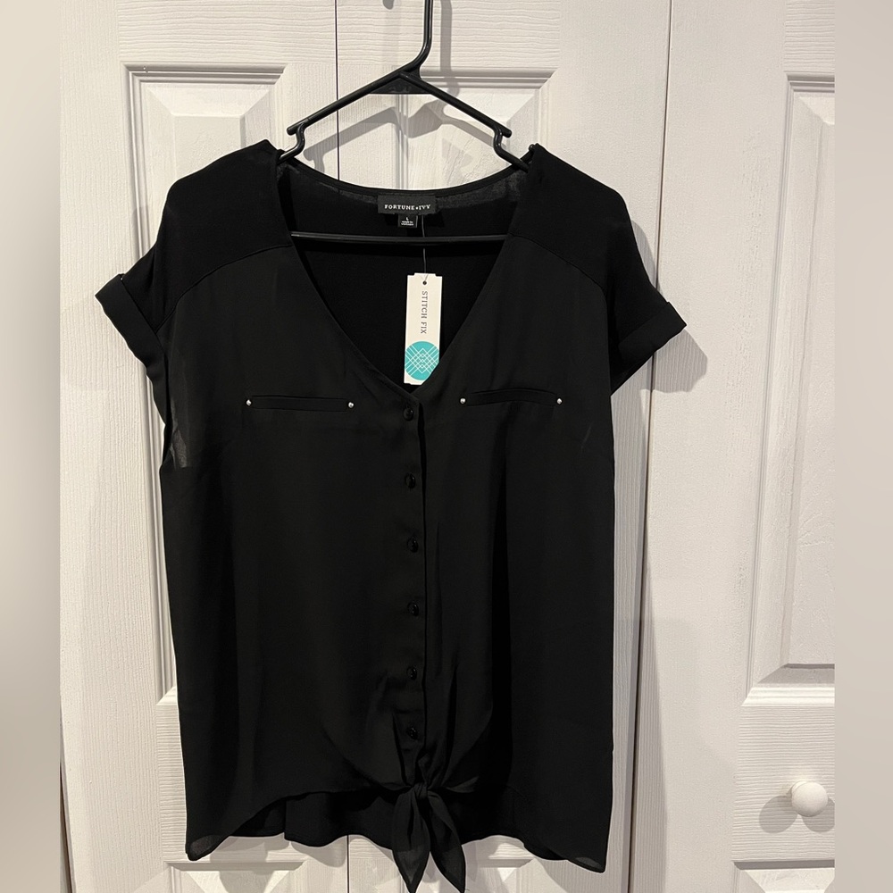 Black Short Sleeve Button Down Shirt with Tie Front